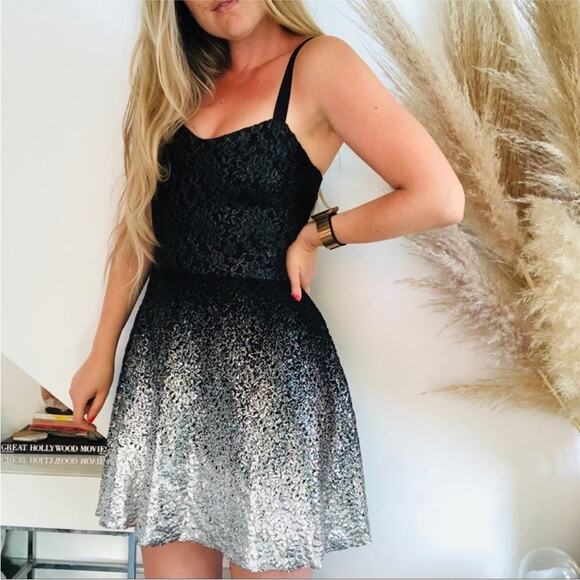 FP FREE PEOPLE Black Silver Ombre Metallic Brocade Knit Tank Top Mini Dress L - Picture 1 of 13